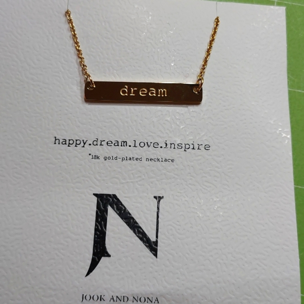 Jook & Nona Dream Necklace delicate dainty stamped bar 18k gold plated